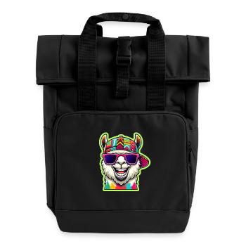 Cool Alpaca with Colorful Sunglasses and Cap - Roll Top Backpack with Two Handles - black - Front