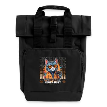 Retro Gamer Katze mit Controller Konsolenspiele - Rolltop Rucksack mit zwei Griffen - Schwarz - Vorne