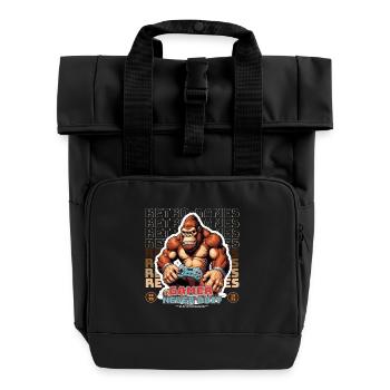 Retro Gamer Gorilla mit Controller Konsolenspiele - Rolltop Rucksack mit zwei Griffen - Schwarz - Vorne