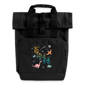 FINN - Schöner Jungen Name mit Dinosaurier - Rolltop Rucksack mit zwei Griffen - Schwarz - Vorne