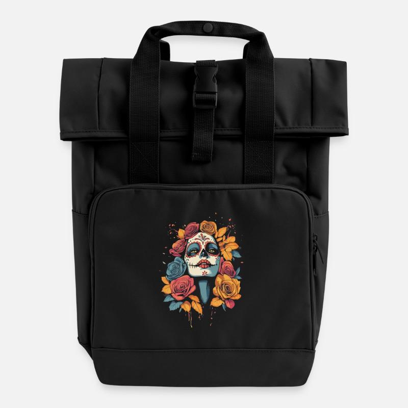 La Catrina mit roten und gelben Blumen - Rolltop Rucksack mit zwei Griffen - Schwarz