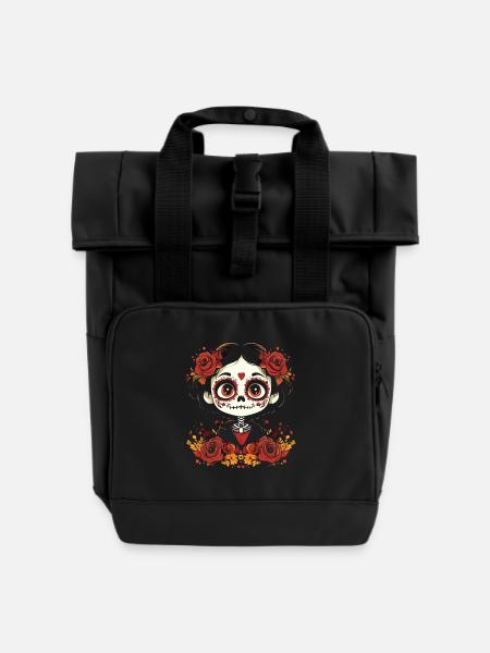 Süßes Sugar Skull Gesicht mit Rosen - Rolltop Rucksack mit zwei Griffen - Schwarz