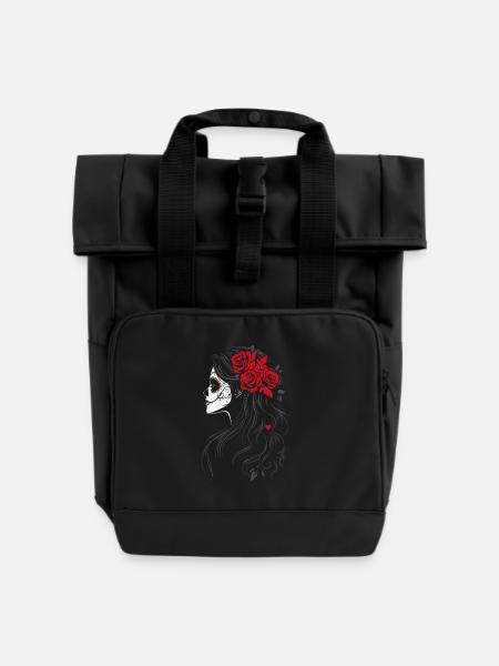 La Catrina Seitenansicht mit roten Rosen - Rolltop Rucksack mit zwei Griffen - Schwarz