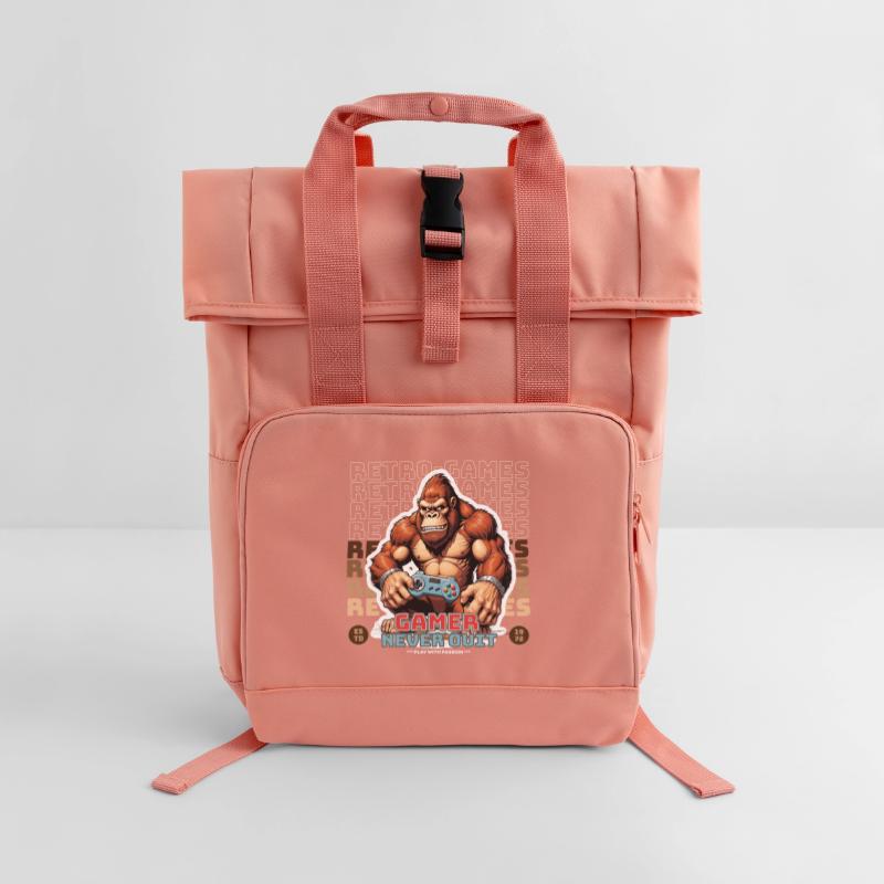 Retro Gamer Never Quit Monkey with Controller Roll Top Backpack with Two Handles