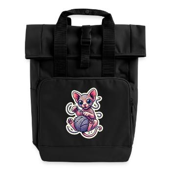 Cute Sphynx Kitten playing with a Yarn - Roll Top Backpack with Two Handles - black - Front