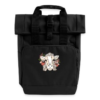 Kuh Mit Blumenkranz Blumenmuster - Rolltop Rucksack mit zwei Griffen - Schwarz - Vorne