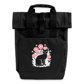 Cottagecore Idylle: Schwarze Katze mit Blumen und - Rolltop Rucksack mit zwei Griffen - Schwarz - Vorne