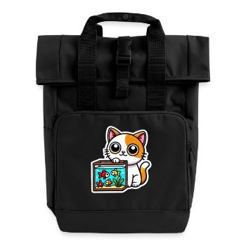 Cute ginger white Cat sitting by the Aquarium - Roll Top Backpack with Two Handles - black - Front