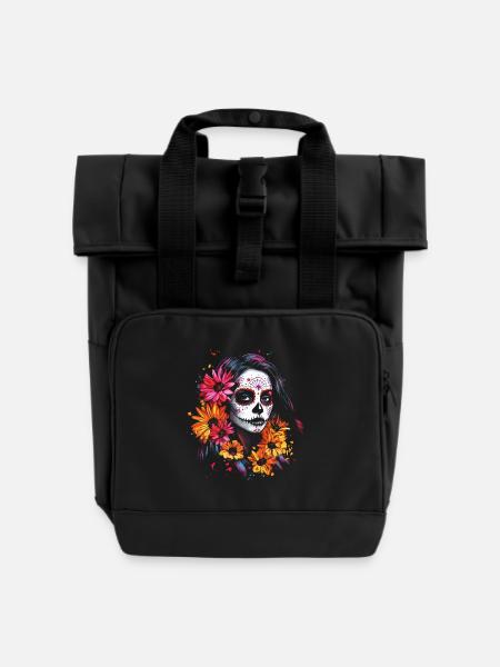 Lebhafte Catrina - Sonnenblumen Dia de los Muertos - Rolltop Rucksack mit zwei Griffen - Schwarz
