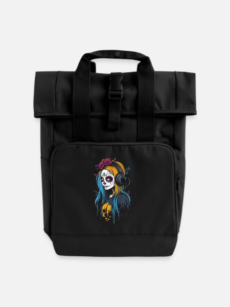 Moderne Catrina mit Kopfhörern Dia de los Muertos - Rolltop Rucksack mit zwei Griffen - Schwarz