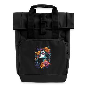 Blue Catrina with Flowers for Dia de los Muertos - Roll Top Backpack with Two Handles - black - Front