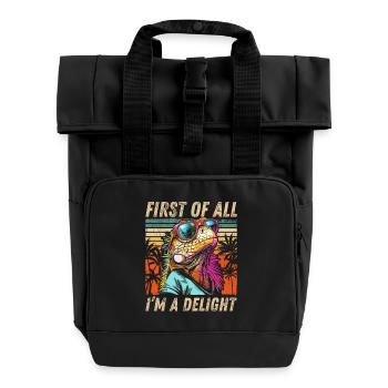 Tropical Iguana - Sunset and Palm Tree Design - Roll Top Backpack with Two Handles - black - Front
