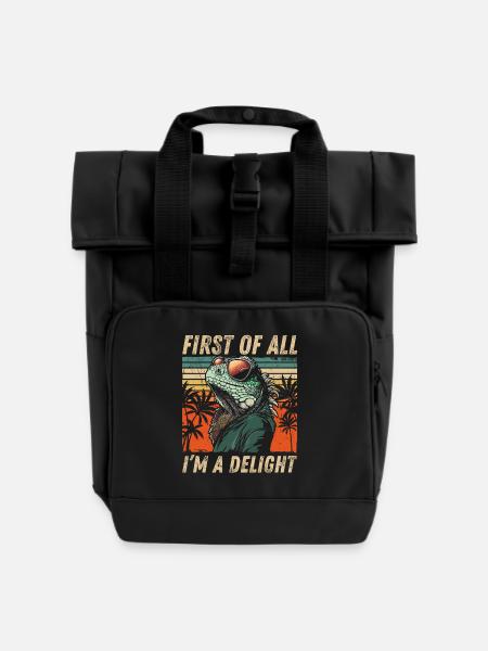Freches Iguana - Retro Sunset Palmen Design - Rolltop Rucksack mit zwei Griffen - Schwarz