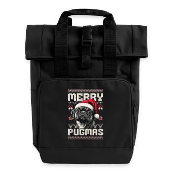 Funny Pug Merry Pugmas Ugly Christmas Design - Roll Top Backpack with Two Handles - black - Front