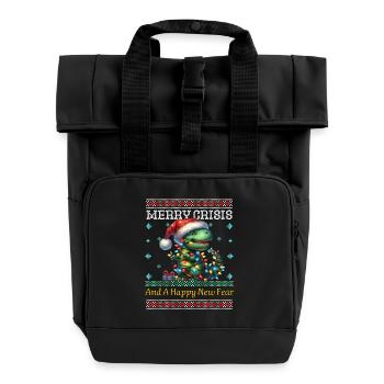 Dino Merry Crisis Ugly Christmas Weihnachten - Rolltop Rucksack mit zwei Griffen - Schwarz - Vorne