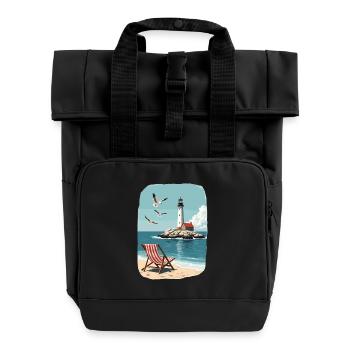 Liegestuhl Strandstuhl und Leuchtturm Ozean Szene - Rolltop Rucksack mit zwei Griffen - Schwarz - Vorne