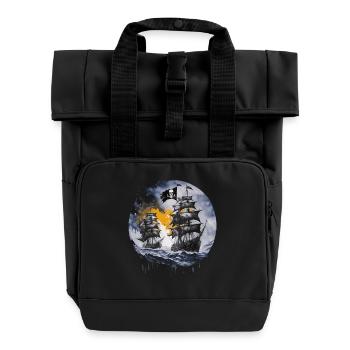 pirate boat, pirates, captain, sailing ship, - Roll Top Backpack with Two Handles - black - Front