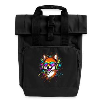 Fuchs DJ Kopfhörer Bunt Regenbogen Musik Füchse - Rolltop Rucksack mit zwei Griffen - Schwarz - Vorne