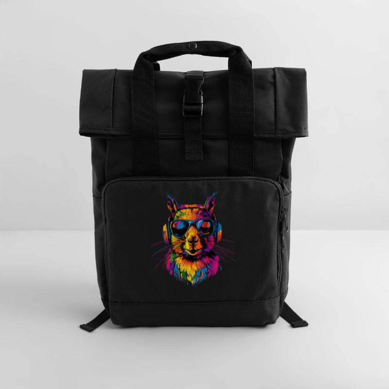 Eichhörnchen Kopfhörer Bunt Popart DJ Eichhörnchen Rolltop Rucksack mit zwei Griffen