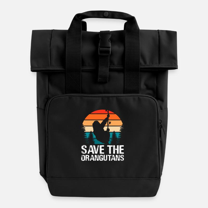 Save The Orangutans - Retro Orangutan - Roll Top Backpack with Two Handles - black