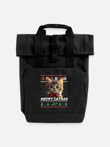 Meowy Catmas Weihnachten Partnerlook mit Kätzchen - Rolltop Rucksack mit zwei Griffen - Schwarz