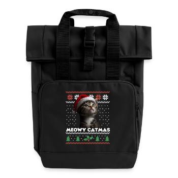 Meowy Catma's Christmas Matching Look with Santa Hat - Roll Top Backpack with Two Handles - black - Front