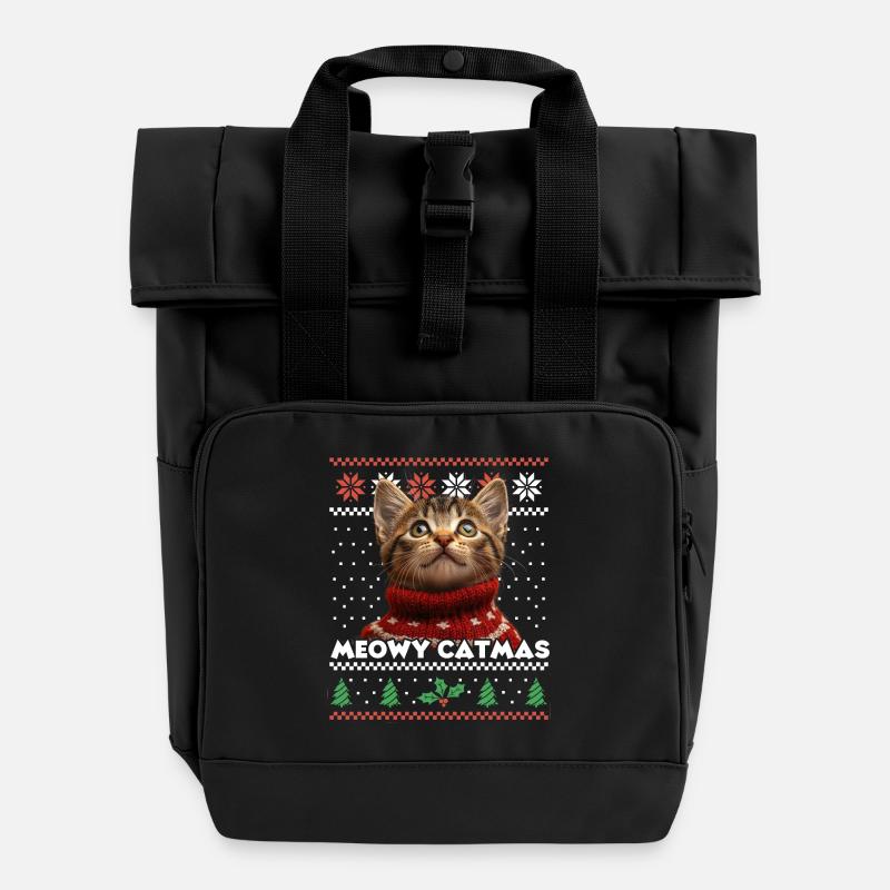 Meowy Catmas Weihnachten Partnerlook - Roter Schal - Rolltop Rucksack mit zwei Griffen - Schwarz