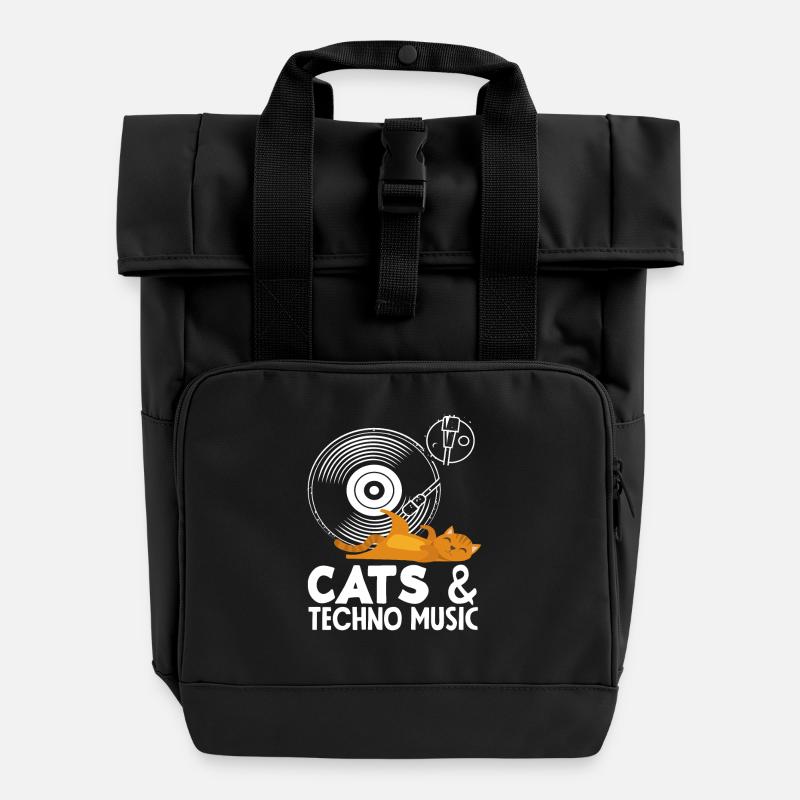Techno Lover, Cats & Music Lovers - Roll Top Backpack with Two Handles - black