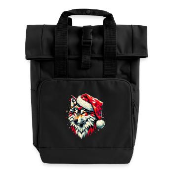 Polygone Art Loup Portant Chapeau Père Noël Original - Sac à dos Roll Top à deux anses - noir - Devant