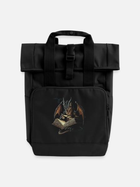 Dunkler Drache mit Buch – Mystische Fantasie - Rolltop Rucksack mit zwei Griffen - Schwarz