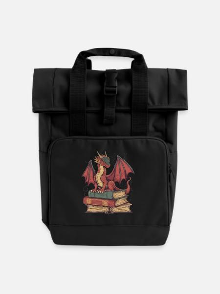 Roter Drache auf Büchern – Fantasie für Leser - Rolltop Rucksack mit zwei Griffen - Schwarz