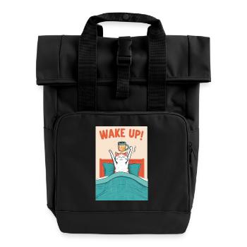 Wake up, Morgenkaffee, Bett, aufwachen, Katze - Rolltop Rucksack mit zwei Griffen - Schwarz - Vorne