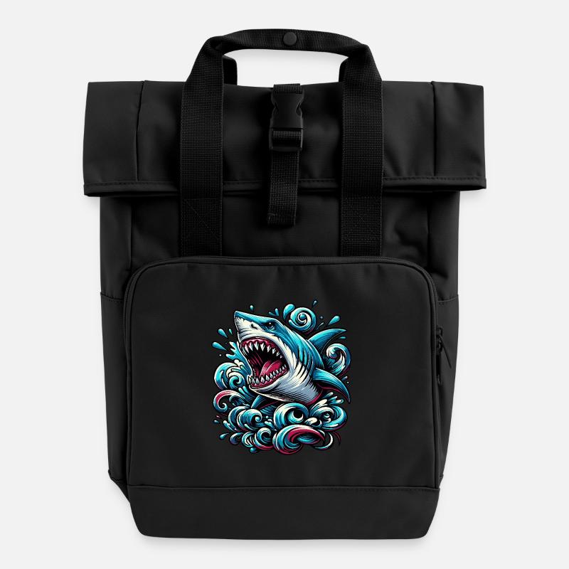 Hai Kraftvolle Wellen Tattoo Artwork - Rolltop Rucksack mit zwei Griffen - Schwarz