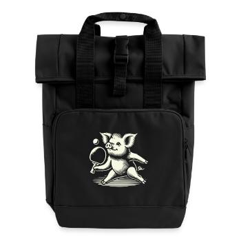 Funny cute pig playing table tennis - Roll Top Backpack with Two Handles - black - Front