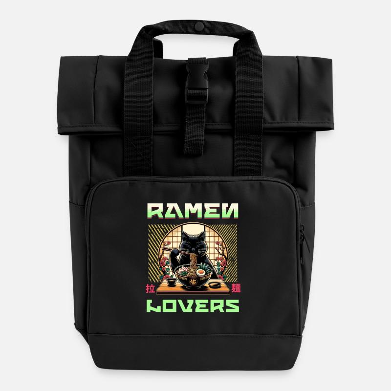 Japanese Ramen Cat Streetwear - Roll Top Backpack with Two Handles - black