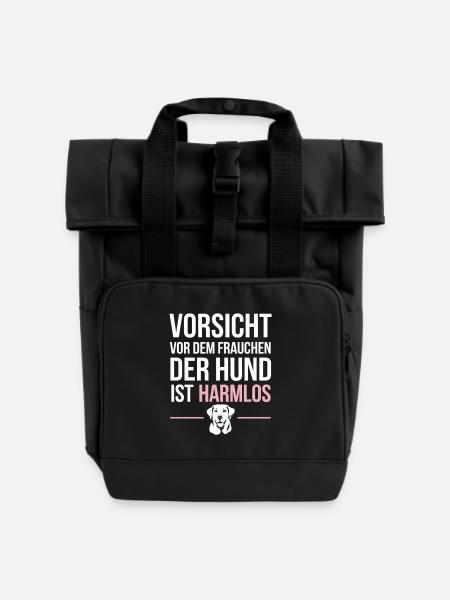 Labrador Fans | Vorsicht vor dem Frauchen - Rolltop Rucksack mit zwei Griffen - Schwarz