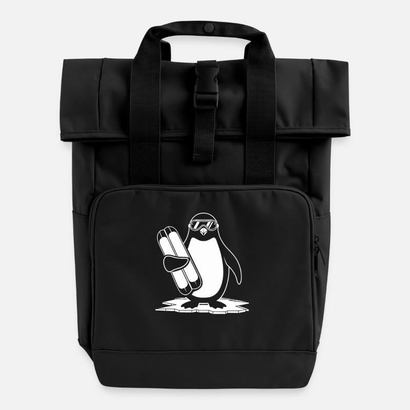 Penguin with skis and goggles on - Roll Top Backpack with Two Handles - black