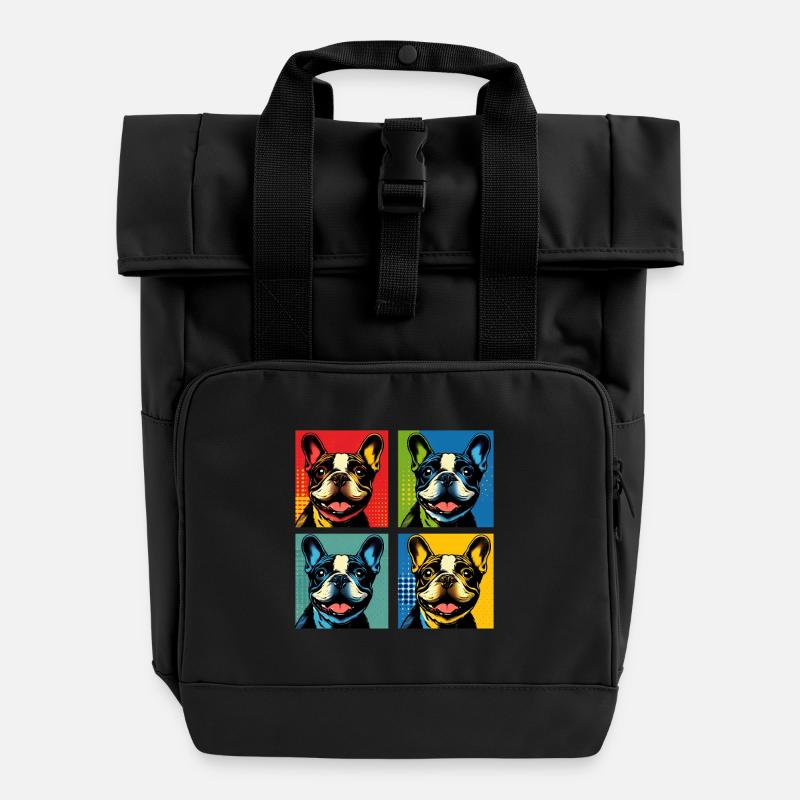 Frenchie Pop Art Blasen, Pfannkuchen, Chonk, Knabbereien - Rolltop Rucksack mit zwei Griffen - Schwarz