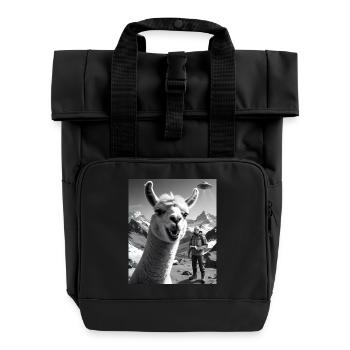 Lama macht ein Selfie in den Bergen mit Alien Ufo - Rolltop Rucksack mit zwei Griffen - Schwarz - Vorne