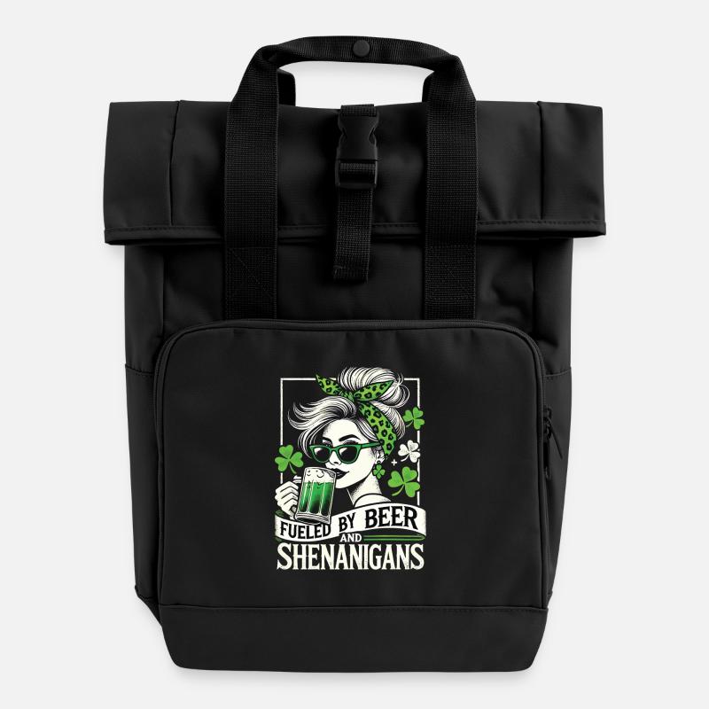 St. Patrick's Day Lustig Bier Kleeblatt Spaß - Rolltop Rucksack mit zwei Griffen - Schwarz