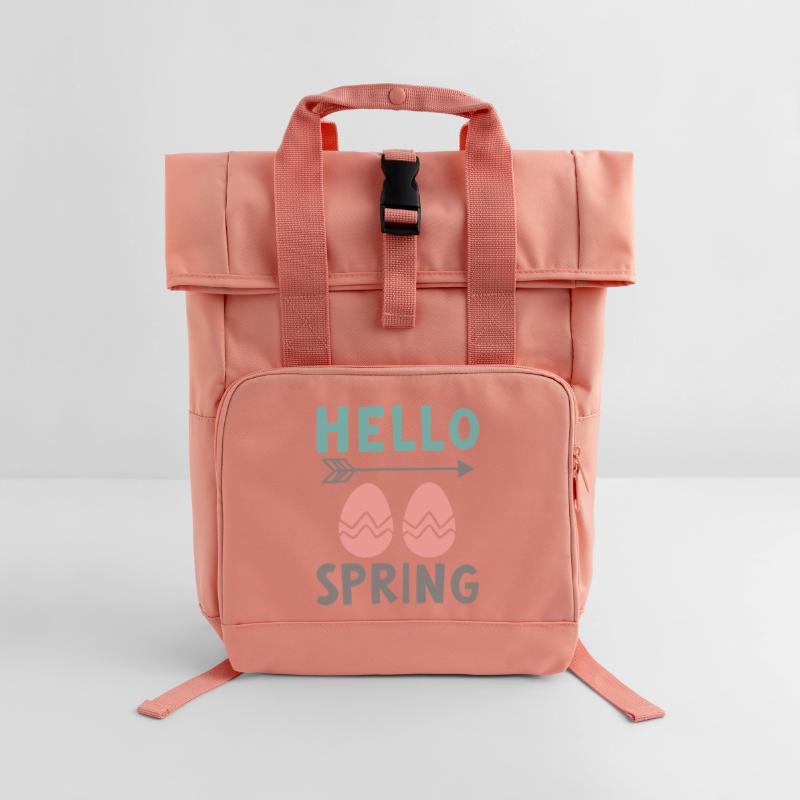 Hello Spring Spring Design with Easter Eggs Roll Top Backpack with Two Handles