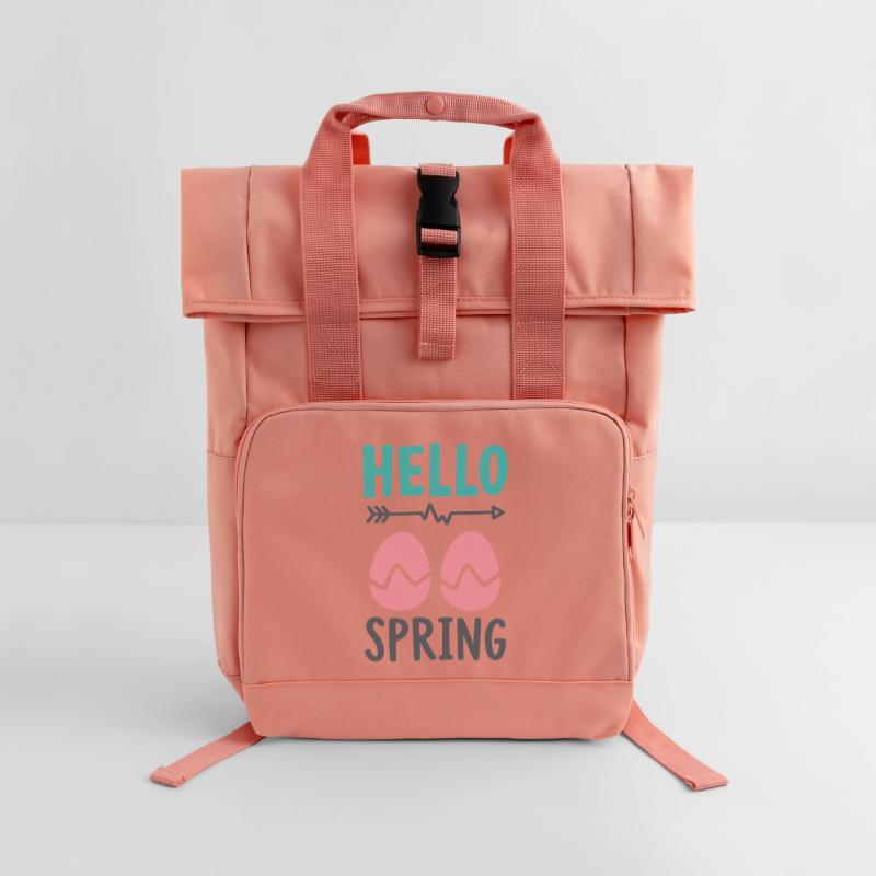 Hello Spring Spring Design with Easter Eggs Roll Top Backpack with Two Handles