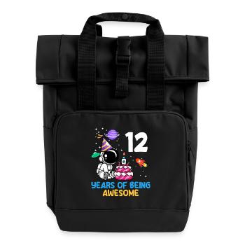 12 Years Being Unique Astronaut Birthday - Roll Top Backpack with Two Handles - black - Front