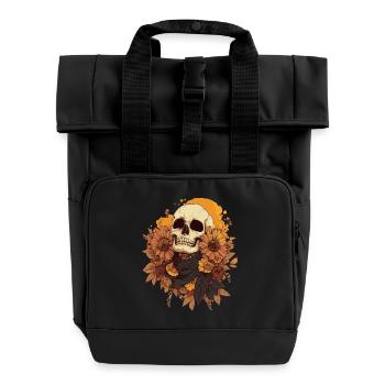 Herbstlicher Schädel mit Blumen - Rolltop Rucksack mit zwei Griffen - Schwarz - Vorne
