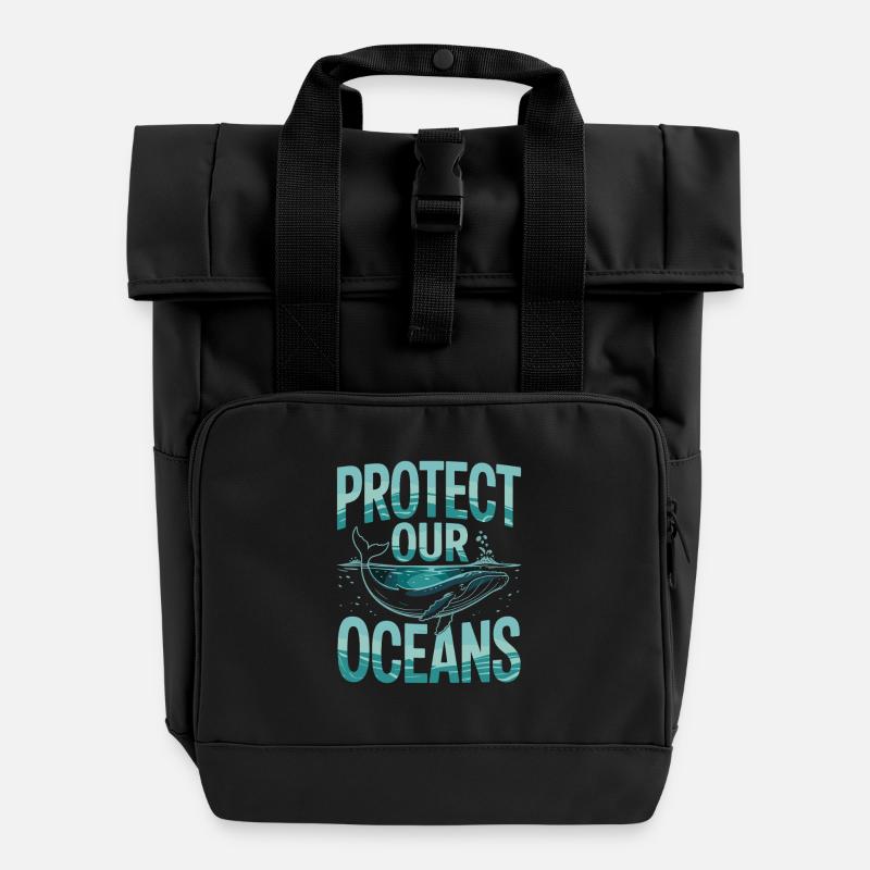 Protect Our Oceans - Roll Top Backpack with Two Handles - black