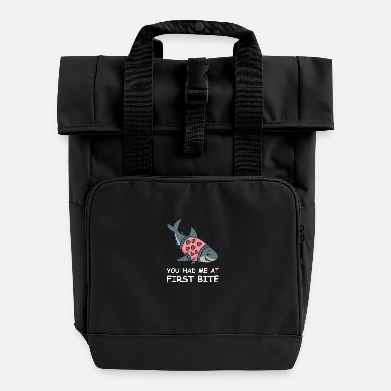 Shark with Heart Sweater – You had me at first bite - Roll Top Backpack with Two Handles - black