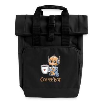 Cute Coffee Robot With Heart - Roll Top Backpack with Two Handles - black - Front