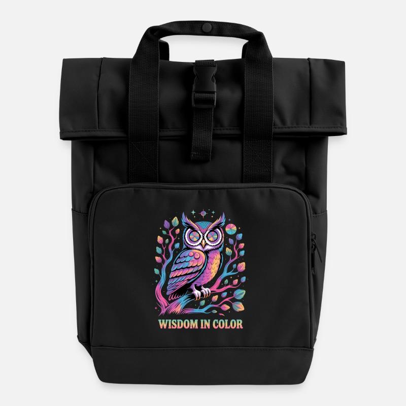 Vibrant Owl Wisdom in Color Design - Roll Top Backpack with Two Handles - black
