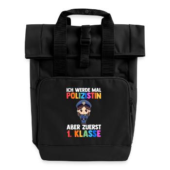 Policeman First Grade School Enrollment Schoolchild - Roll Top Backpack with Two Handles - black - Front