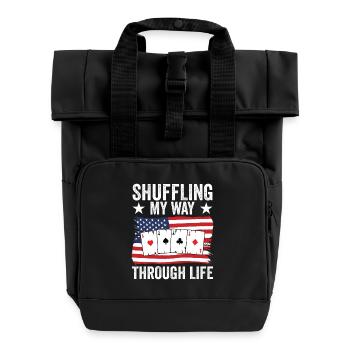 Funny Pinochle Card Player USA Flag - Roll Top Backpack with Two Handles - black - Front